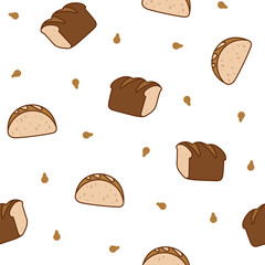 Bread. Seamless pattern. Loaf food, bakery baget, pastry grain. Hand drawn style. Vector drawing. Design ornaments.
