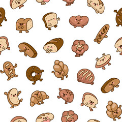 Cartoon happy bread face characters. Seamless pattern. Funny tasty bakery pastries. Hand drawn style. Vector drawing. Design ornaments.