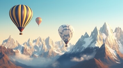Fototapeta premium Colored balloons fly in the clouds in the sun over the mountains, hills. AI generated.