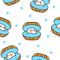 Cute kawaii sea shell. Seamless pattern. Cartoon aquatic life. Marine seashell characters, summer vacation. Hand drawn style. Vector drawing. Design ornaments.
