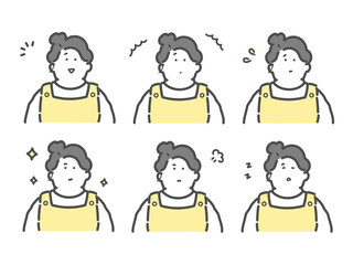 様々な表情をするエプロンを着用した女性のイラスト　セット
