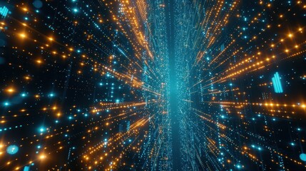 Abstract digital data network with blue and orange lights