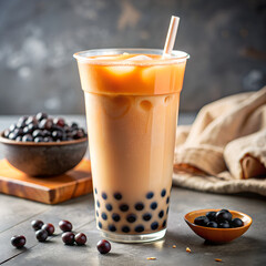  plastic cup filled with Taiwanese bubble milk tea, which is a dark brown beverage containing ice cubes and black tapioca pearls. The tea is accompanied by a white plastic straw and appears 