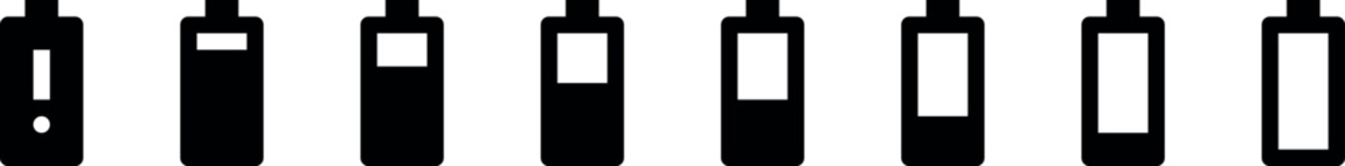 Battery icon set in verical Full low charge. High quality style vector icons. 100% 75%, 50%, 25% 0, batteries. Batery indicator. Baterry level, energy, full. Power low up status batteries logo.