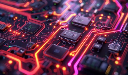 Obraz premium Abstract Circuit Board with Red Glowing Lines.