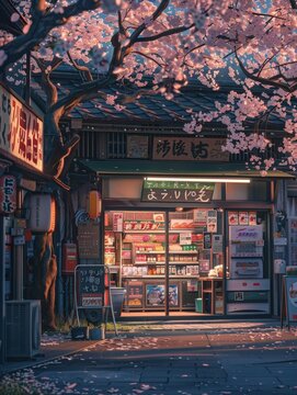 Japanese Convenience Store at Night Under Cherry Blossoms.