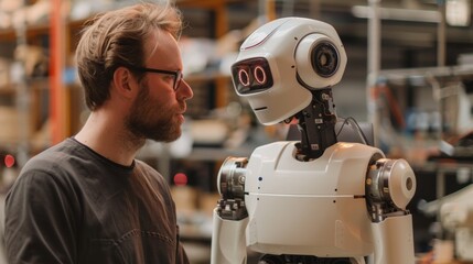 Fototapeta premium A humanoid robot interacting with a human colleague in a workplace setting.