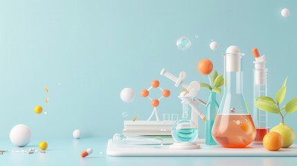 Laboratory glassware with a blue background and a molecule model