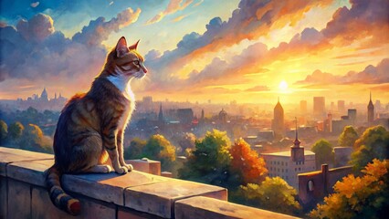 Warmly lit watercolor depiction of a serene cat sitting alone on a ledge overlooking a vibrant cityscape at sunset.