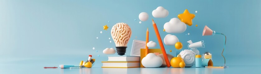 Light bulb with a brain inside, surrounded by clouds, stars, and other abstract shapes.