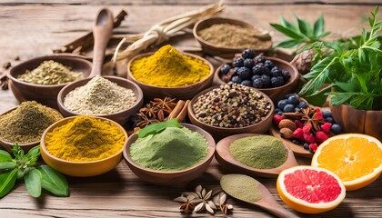 Fototapeta premium Adaptogen healthy food with herbs, spices, fruit and supplement powders. Natural plant based foods that help the body deal with stress and promote or restore normal physiological functions.