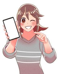 スマホを指さして見せる女の子のイラスト