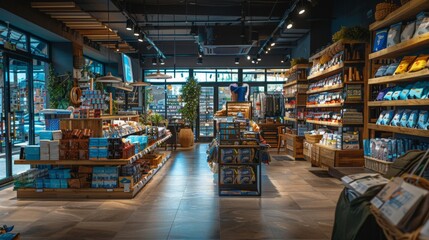 Obraz premium An interior view of a modern, well-lit retail store with neatly organized shelves displaying a variety of products.