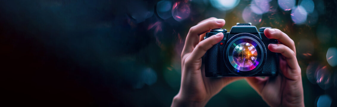 World photography day, girl takes photo with camera, professional hobby. AI generated. - Powered by Adobe