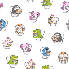 Cute animal pooping on toilet and read newspaper. Seamless pattern. Funny cartoon characters. Hand drawn style. Vector drawing. Design ornaments.