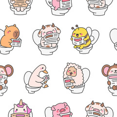 Fototapeta premium Cute animal pooping on toilet and read newspaper. Seamless pattern. Funny cartoon characters. Hand drawn style. Vector drawing. Design ornaments.