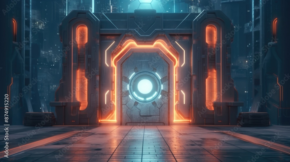 Poster abstract picture of beautiful geometric shape portal with digital style neon light reflecting set al