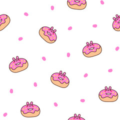 Cute cartoon kawaii donut. Seamless pattern. Sweet doughnuts characters. Hand drawn style. Vector drawing. Design ornaments.