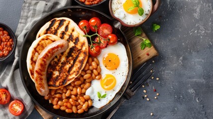 Classic English breakfast with fried eggs, sausages, baked beans, and grilled tomatoes