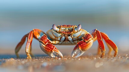 Close-up of a red crab crawling on a sandy beach