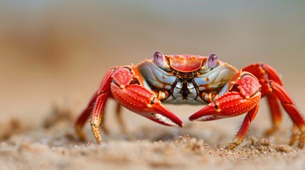 Close-up of a red crab crawling on a sandy beach