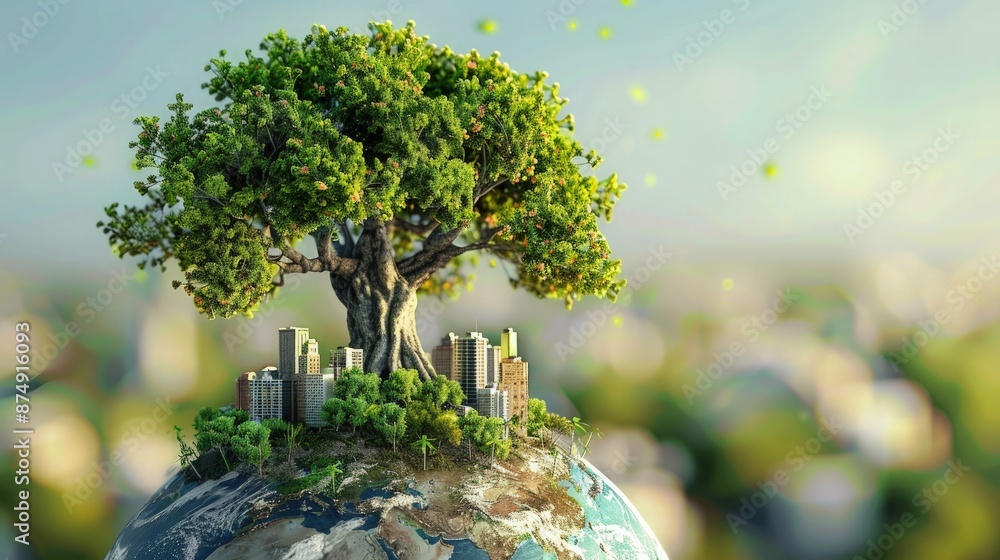 Poster green eco friendly background with small globe and small tree on it with cloudy sky background