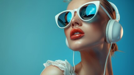 Naklejka premium Female model wearing large sunglasses and headphones on a clean blue background. Female. Audio, music, enjoyment, emotions, listening. 