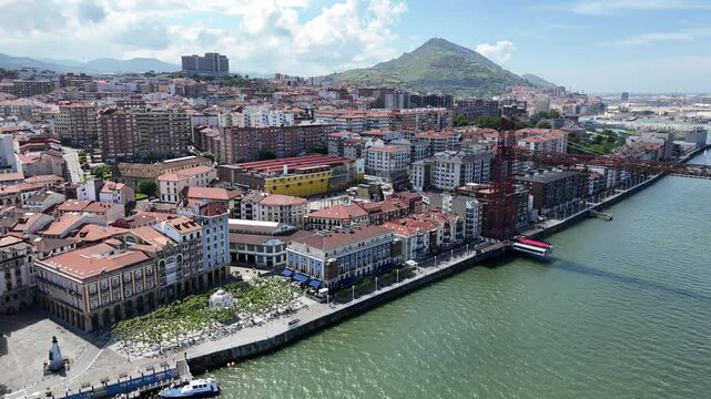 Vizcaya Bridge Getxo Bilbao Spain drone,aerial turning reveal