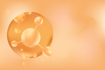 Aesthetic beige molecule background, collagen peptide or hyaluronic acid and bubble oxygen serum chemical formula. Beauty treatment nutrition skincare wallpaper with copy space.