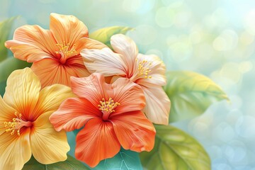 Obraz premium Colorful flowers with green leaves and bokeh effect creating a fresh and vibrant background for nature designs.