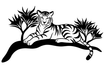 Tiger lying in the tree vector silhouette 