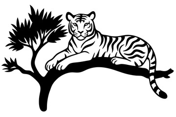 Tiger lying in the tree vector silhouette 