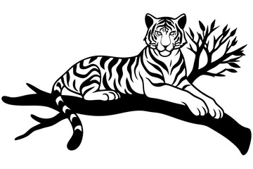 Tiger lying in the tree vector silhouette 
