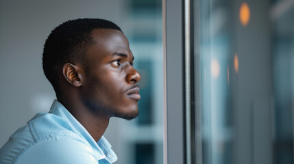 Fototapeta premium An African American man in an office gazing out the window, appearing deep in thought and reflecting on his day.