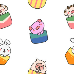 Cute animals in the pocket. Seamless pattern. Cartoon funny characters. Hand drawn style. Vector drawing. Design ornaments.