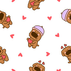 Cute kawaii dog toy poodle. Seamless pattern. Cartoon funny puppy character. Hand drawn style. Vector drawing. Design ornaments.