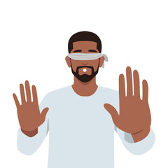 Frightened man blindfolded trying to grope road of action in blind. Flat vector illustration isolated on white background