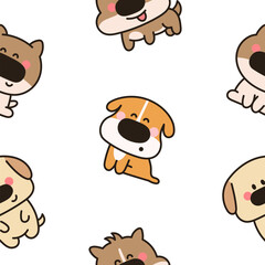 Cute dogs and puppy characters. Seamless pattern. Cartoon funny pet animals. Hand drawn style. Vector drawing. Design ornaments.