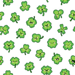 Cute kawaii lucky clover. Seamless pattern. Cartoon funny characters. Hand drawn style. Vector drawing. Design ornaments.