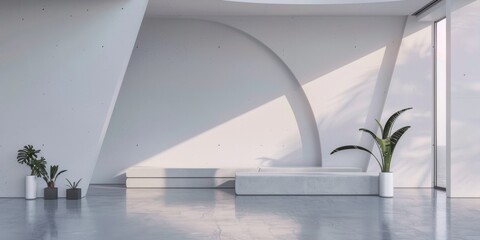 Obraz premium Modern Interior Space Featuring Minimalist Design with White Walls and Geometric Shapes, Ideal for Creative Projects and Architectural Study, High-Resolution Wallpaper