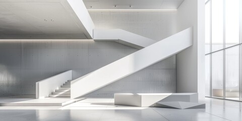 Fototapeta premium Modern Interior Space Featuring Minimalist Design with White Walls and Geometric Shapes, Ideal for Creative Projects and Architectural Study, High-Resolution Wallpaper