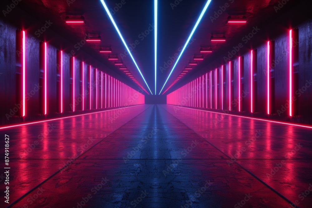 Poster futuristic corridor with neon blue and red lights creating a dynamic and high-tech atmosphere for mo
