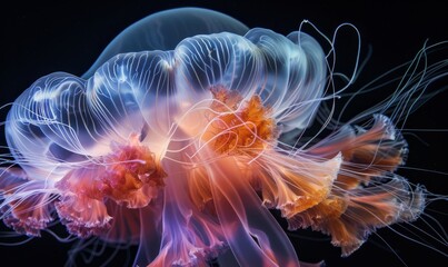 Obraz premium close-up of transparent jellyfish with vibrant colors and intricate patterns floating gracefully in the dark ocean, creating an otherworldly underwater atmosphere