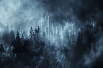 Obraz premium A dark and mysterious forest with a bright, glowing, blue, foggy atmosphere and a glowing blue graph representing the stock market.