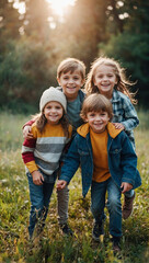Fototapeta premium Happy group of kids children friends playing having fun outdoors in the park. active, relaxing, cheerful, childish emotions