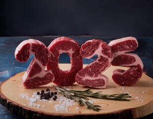 3d happy new year 2025 on a raw meat on a cutting board