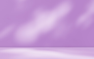 Empty purple room studio with shadow of tree leaves on the wall and floor for product presentation. Sunlight effect shadow concept. Minimal room backdrop design. Cosmetic, beauty and fashion showroom.