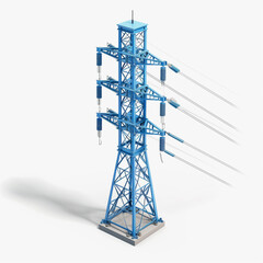 3D Blue Power Line Tower Isolated on White Background