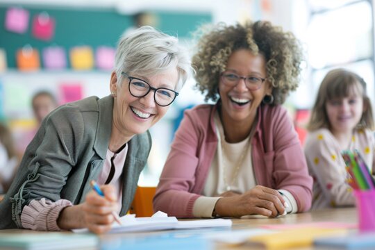 A close-up shot of two teachers enthusiastically discussing a new teaching strategy, with educational materials spread out on the table between them