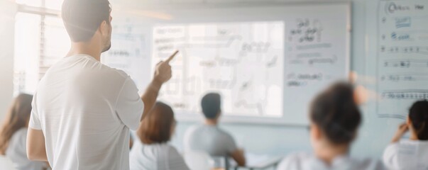 Educators interacting in a professional development workshop, one teacher presenting while others listen attentively, with a projector displaying educational content